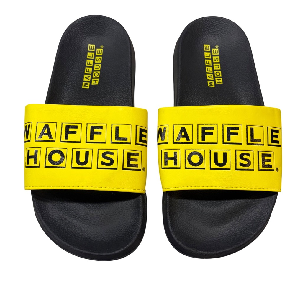 Waffle House Sport Slides Sandals Men's 7 Women's 8.5 Black Yellow Unisex